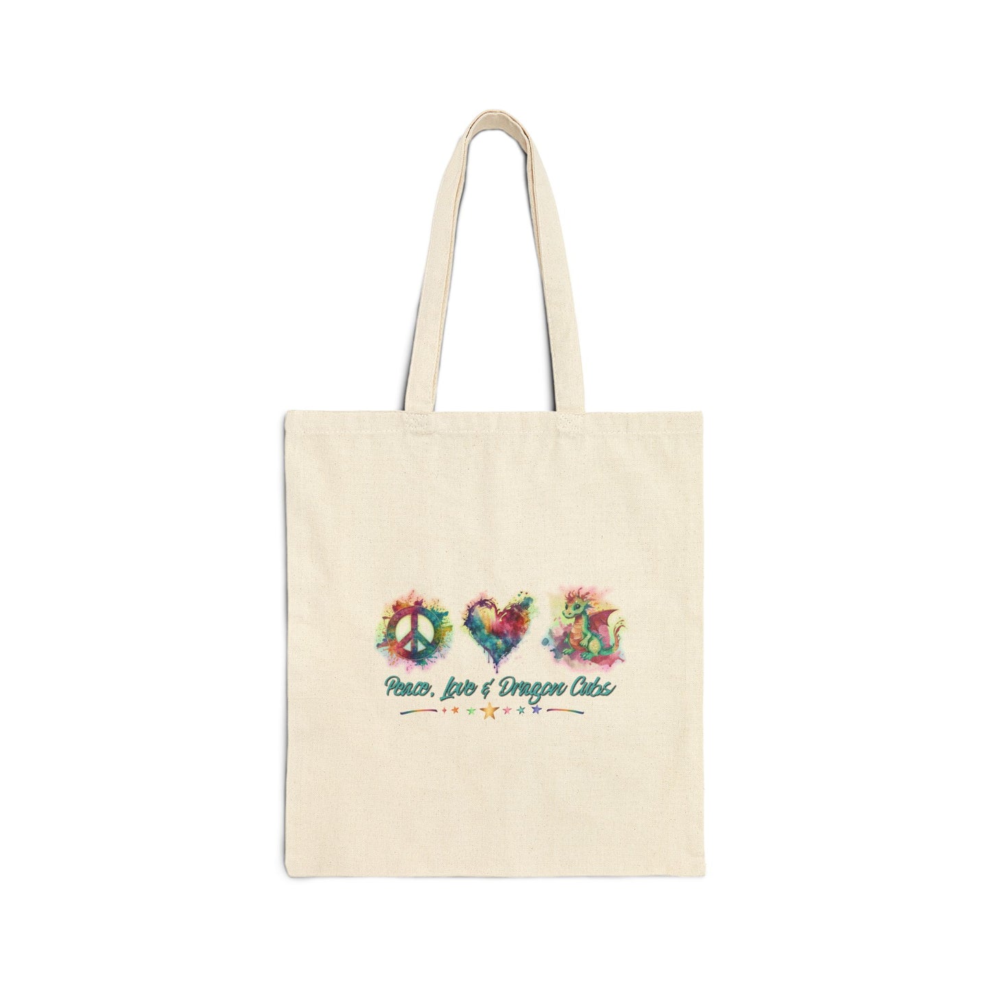 Peace, Love & Dragon Cubs Watercolor Fantasy Cotton Canvas Tote Bag