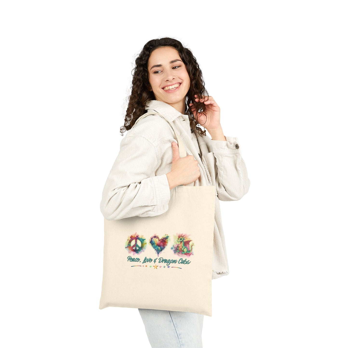 Peace, Love & Dragon Cubs Watercolor Fantasy Cotton Canvas Tote Bag
