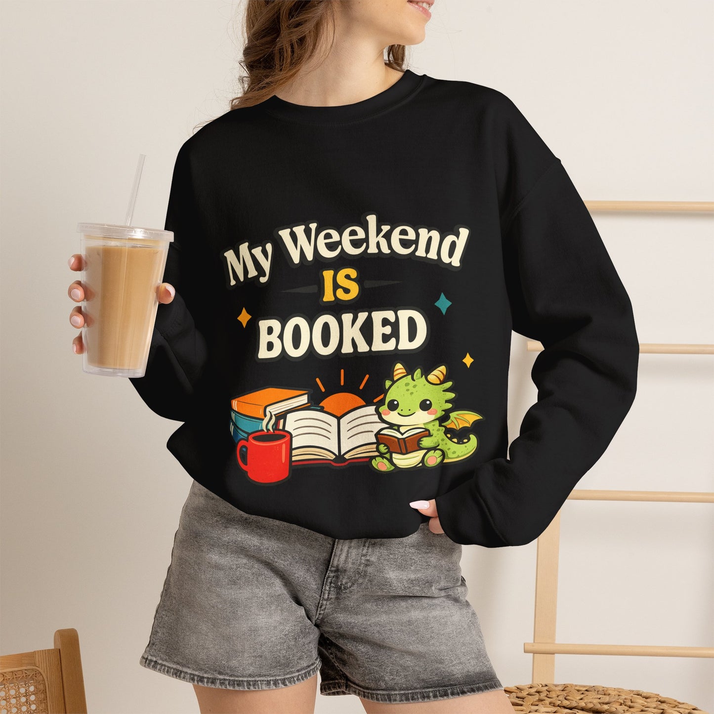 My Weekend Is Booked | Cute Book Dragon Cozy Crewneck Sweatshirt