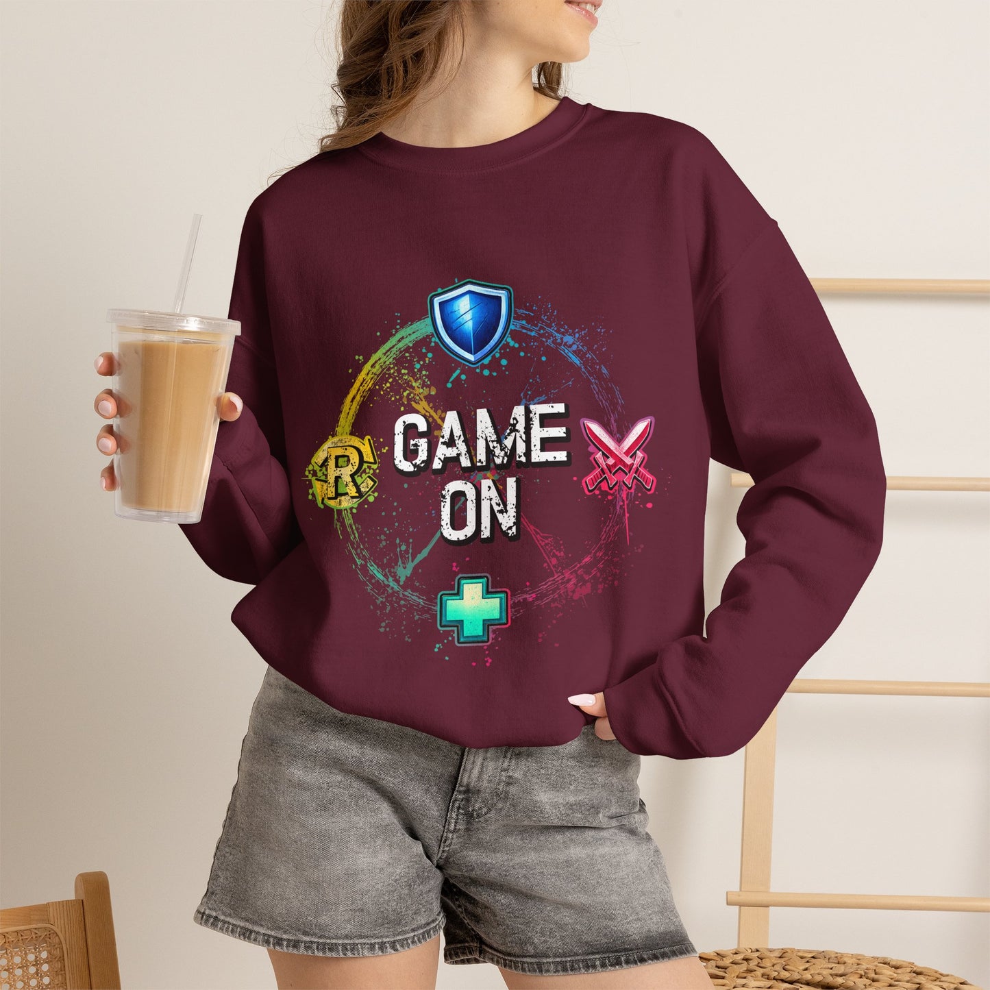 Tank DPS Heal Repeat Crewneck Sweatshirt | MMO RPG Gamer Pullover | Neon Gaming Sweatshirt