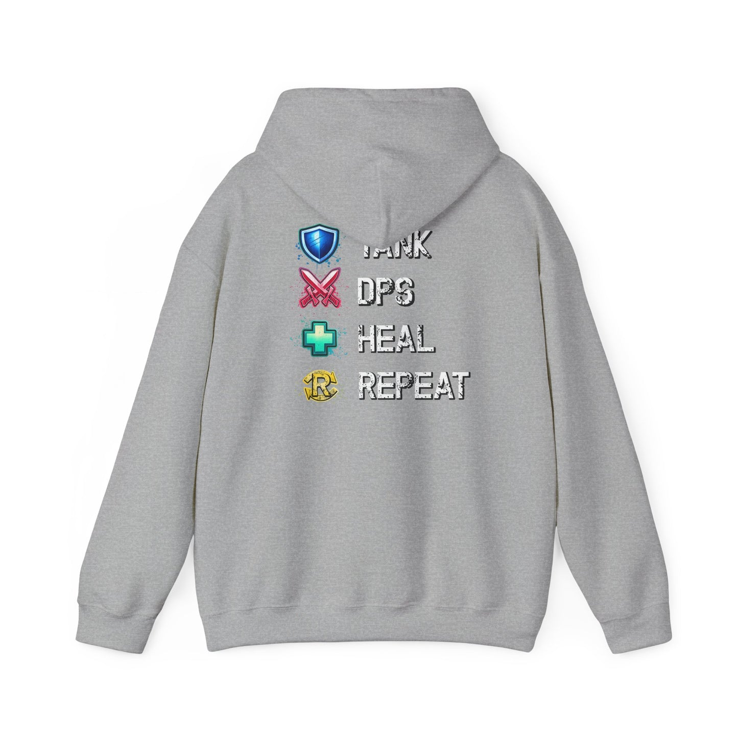Tank DPS Heal Repeat Hoodie | MMO RPG Gamer Hoodie | Neon Graffiti Gaming Sweatshirt