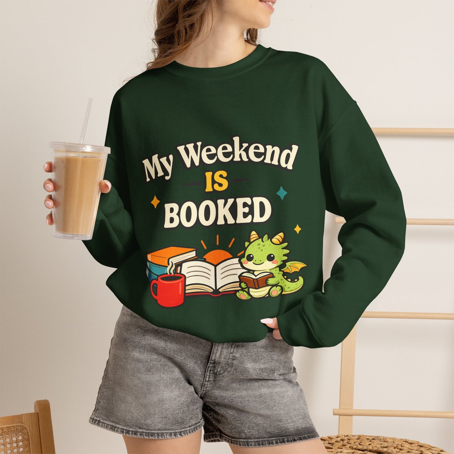 My Weekend Is Booked | Cute Book Dragon Cozy Crewneck Sweatshirt