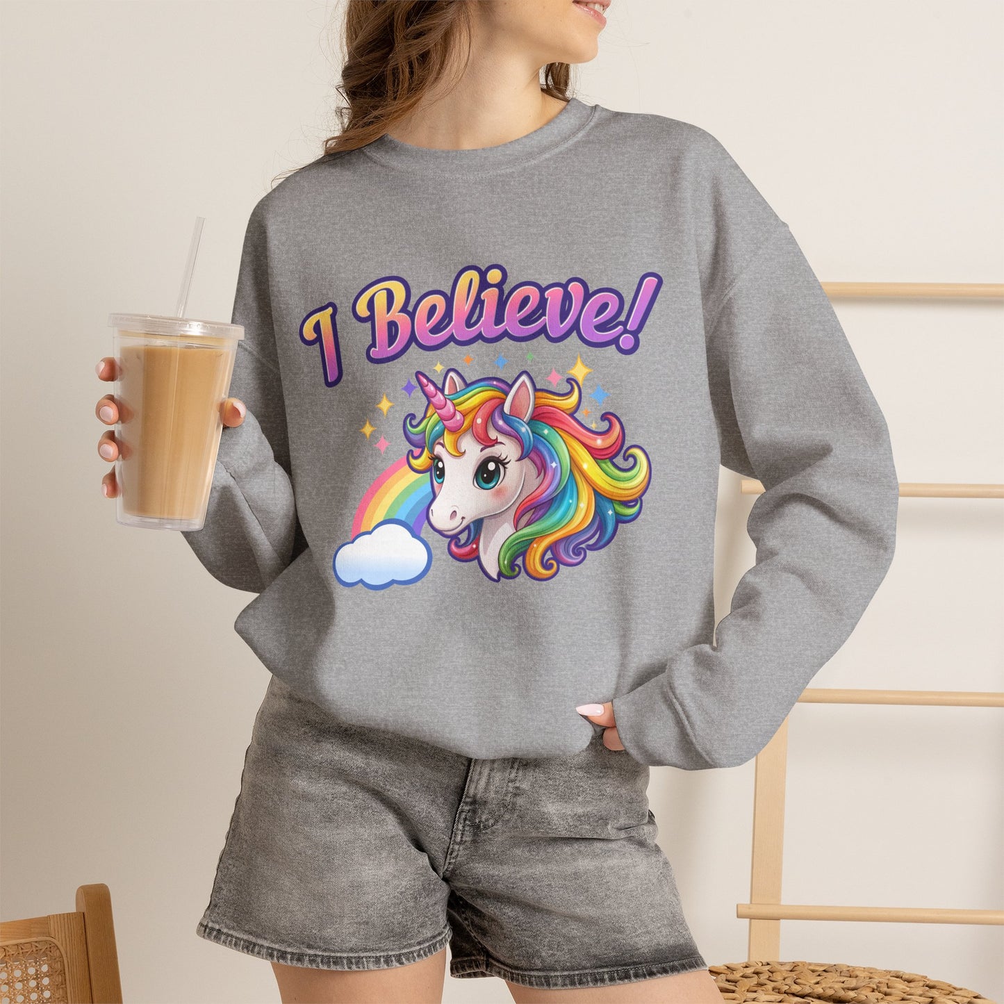 I Believe! Unicorn Crewneck Sweatshirt | Colorful Fantasy Mythical Creature Pullover