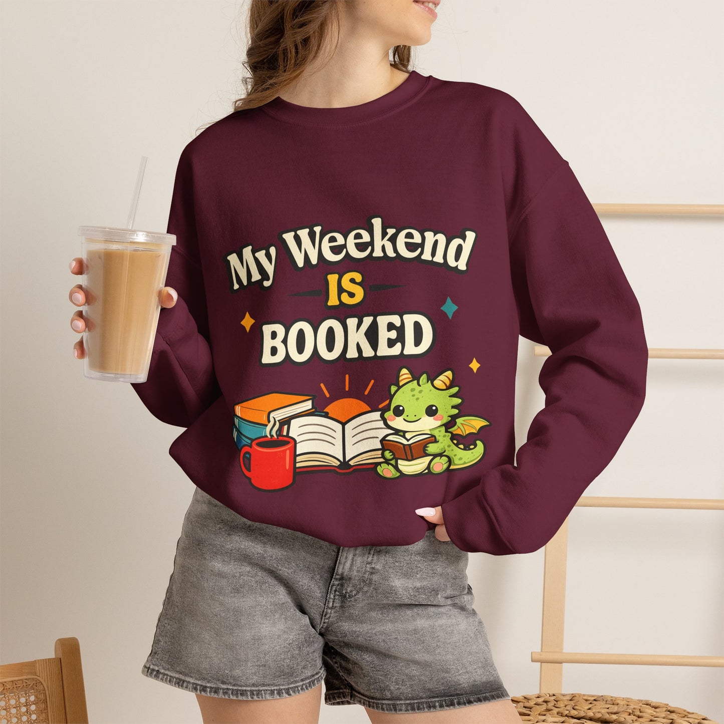 My Weekend Is Booked | Cute Book Dragon Cozy Crewneck Sweatshirt
