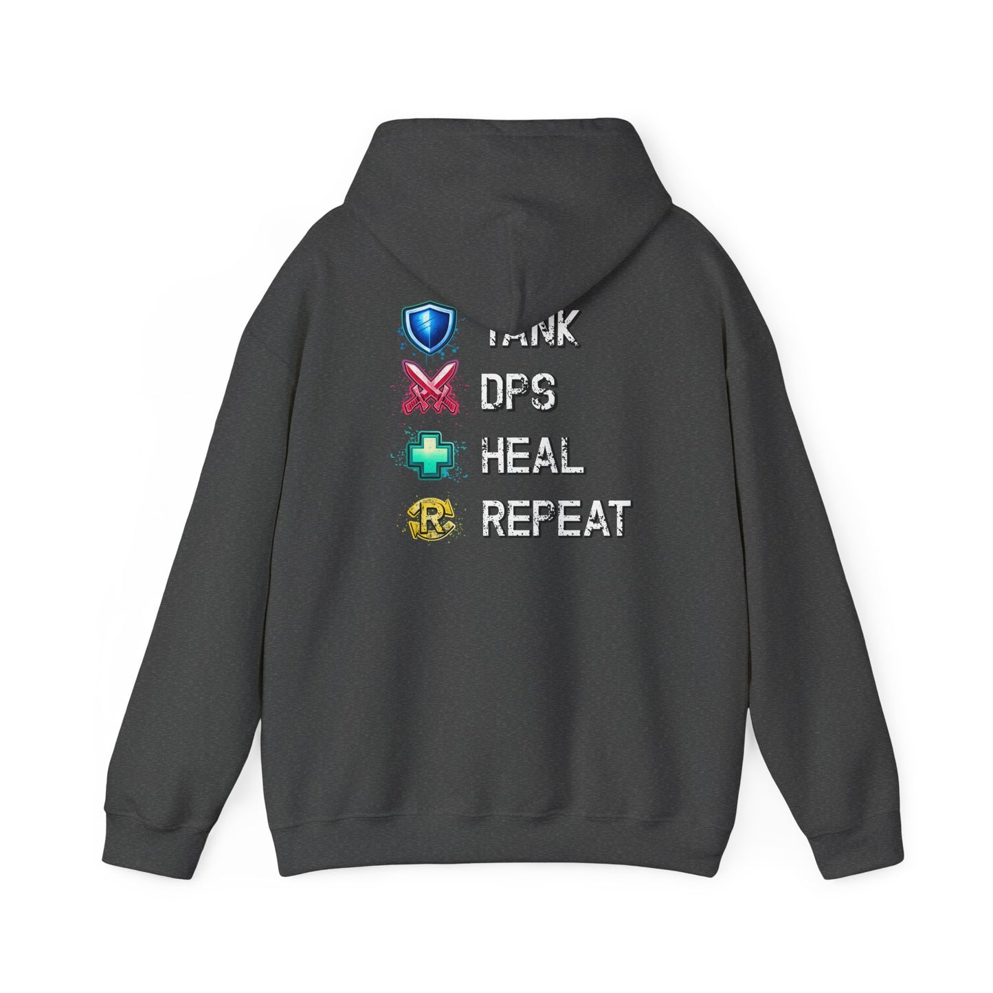 Tank DPS Heal Repeat Hoodie | MMO RPG Gamer Hoodie | Neon Graffiti Gaming Sweatshirt