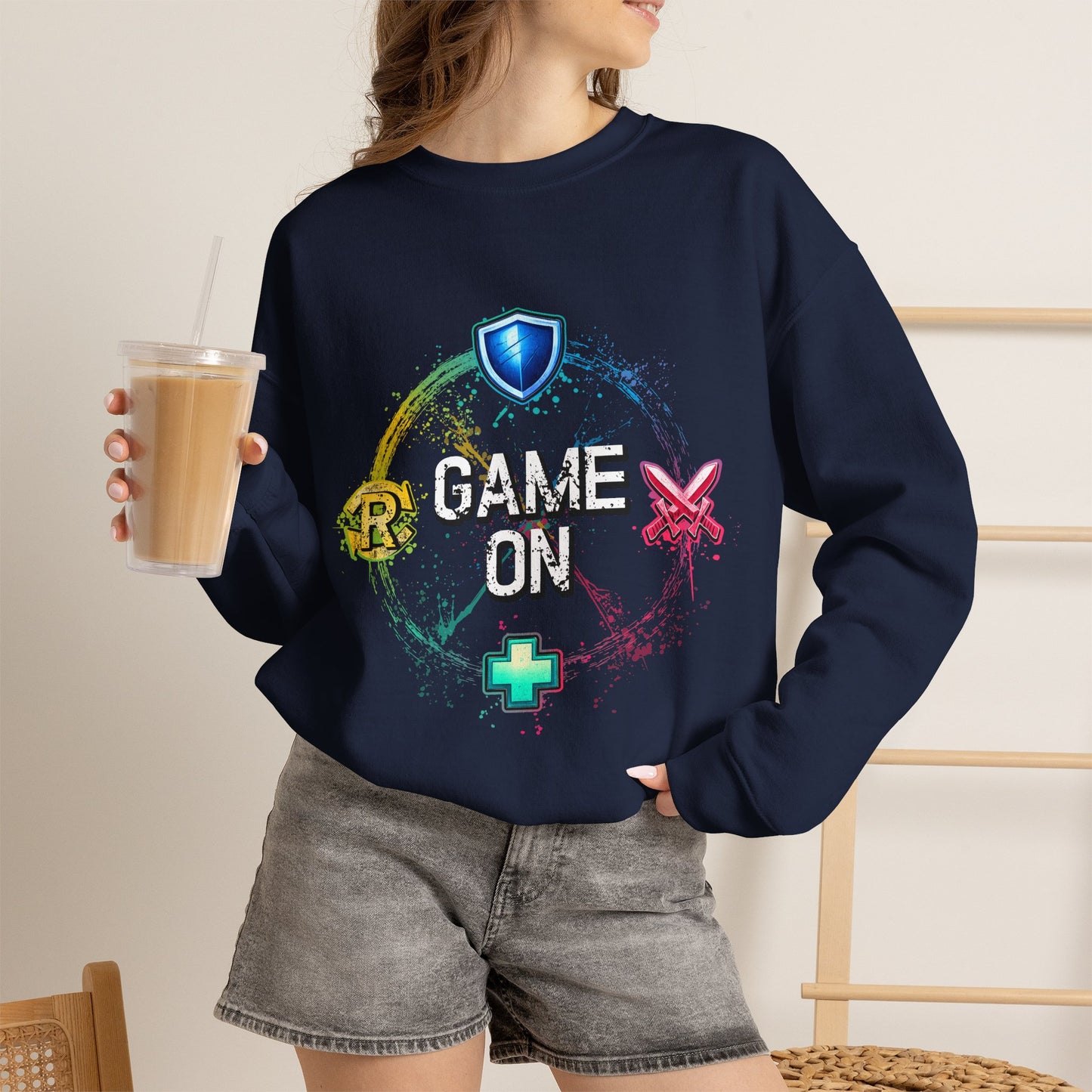 Tank DPS Heal Repeat Crewneck Sweatshirt | MMO RPG Gamer Pullover | Neon Gaming Sweatshirt