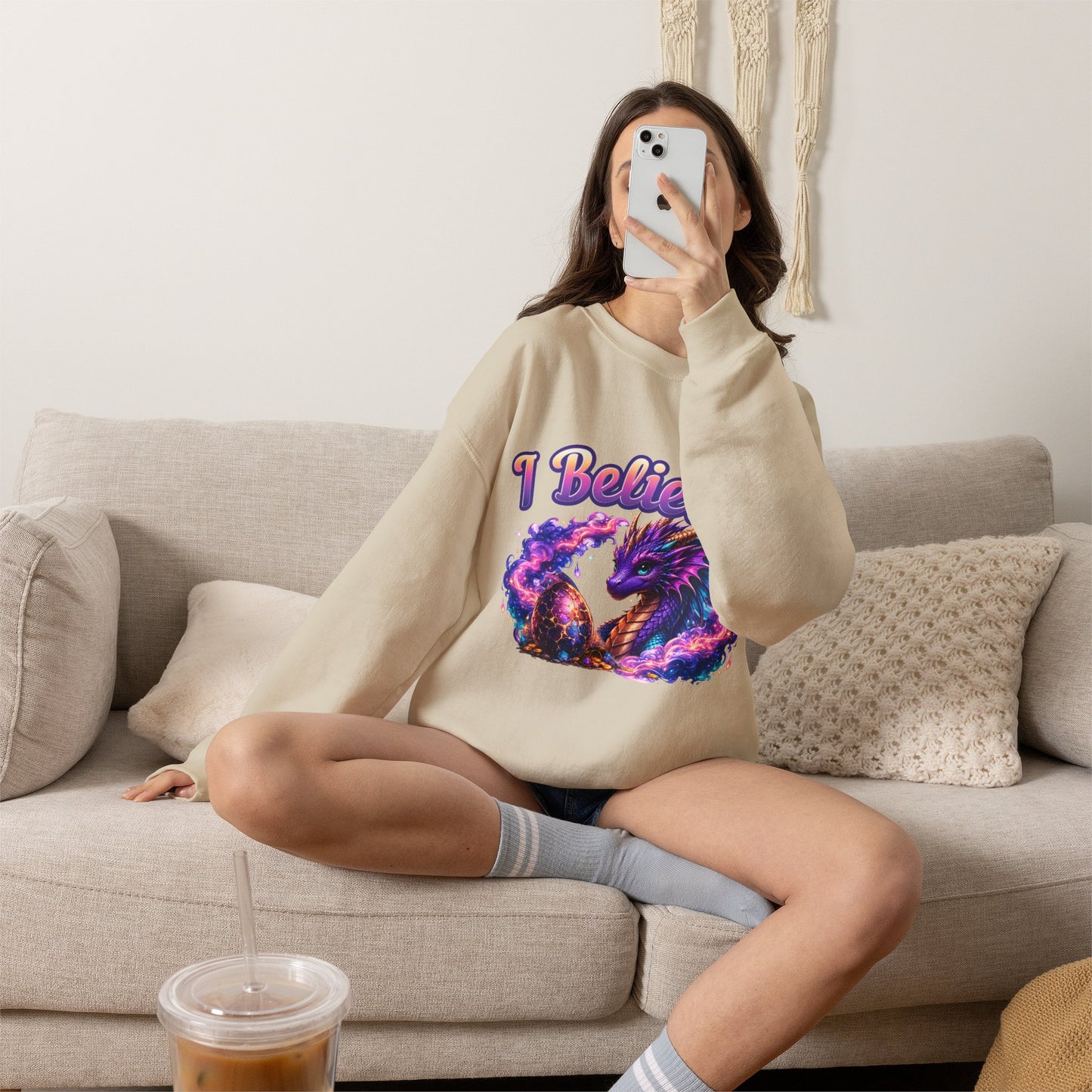 I Believe! Dragon Crewneck Sweatshirt | Magical Fantasy Dragon Egg Mythical Creature Pullover
