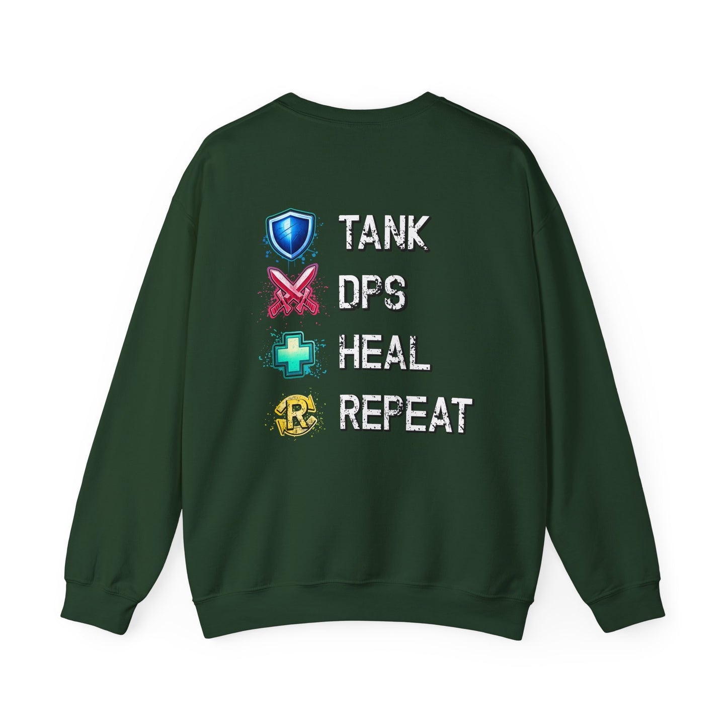 Tank DPS Heal Repeat Crewneck Sweatshirt | MMO RPG Gamer Pullover | Neon Gaming Sweatshirt