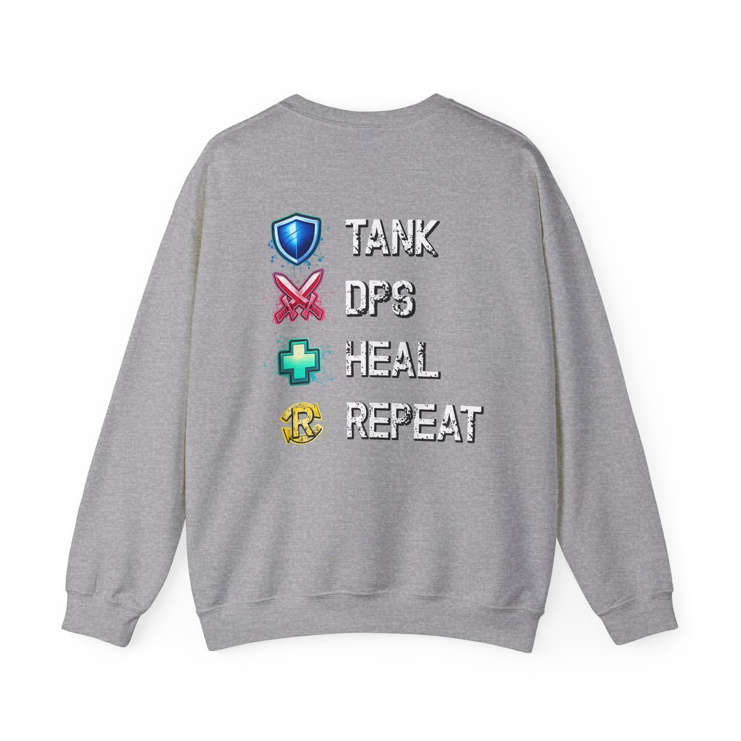 Tank DPS Heal Repeat Crewneck Sweatshirt | MMO RPG Gamer Pullover | Neon Gaming Sweatshirt
