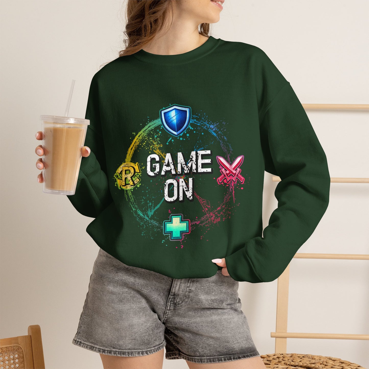 Tank DPS Heal Repeat Crewneck Sweatshirt | MMO RPG Gamer Pullover | Neon Gaming Sweatshirt