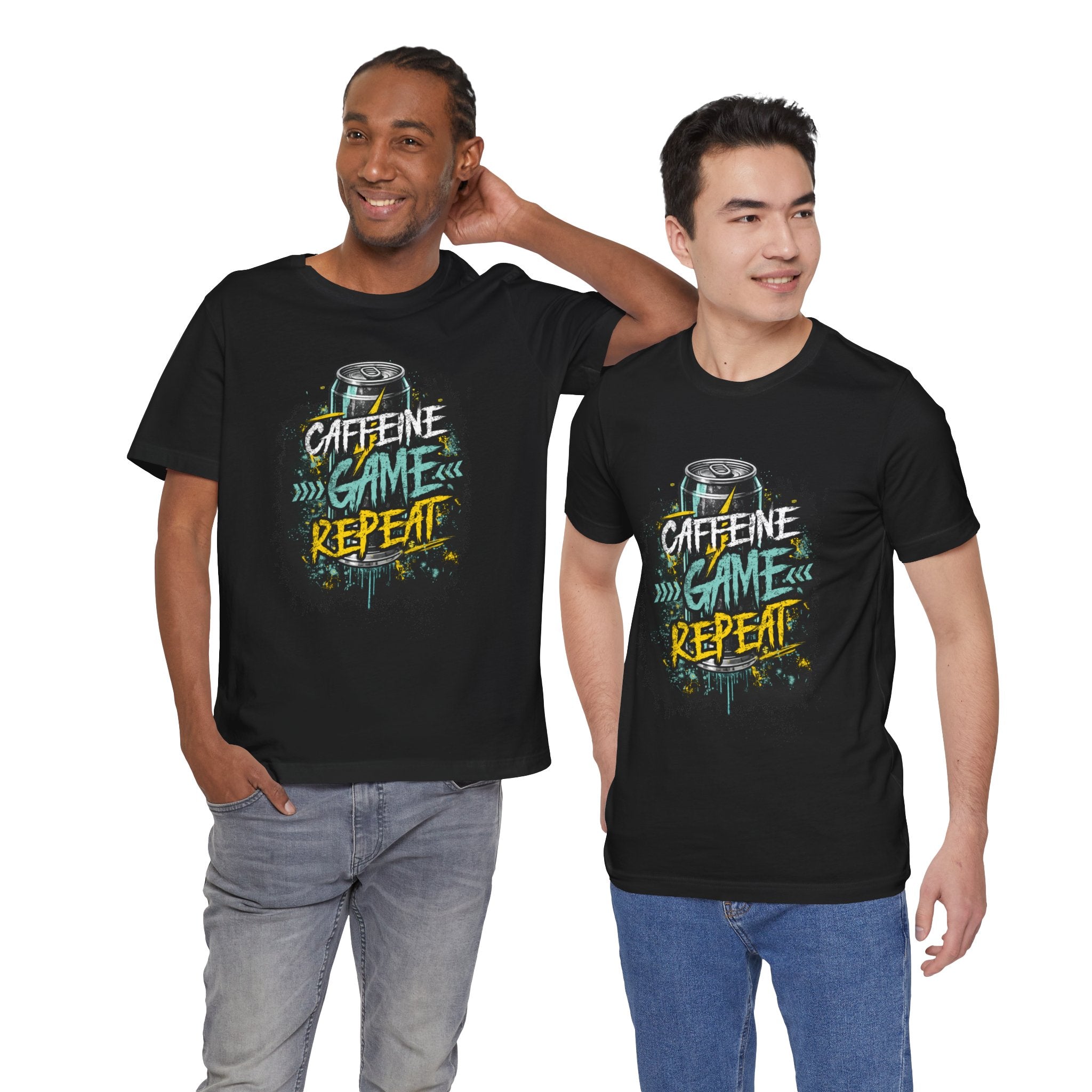 Caffeine Game Repeat T‑Shirt — Gamer Coffee Tee for Streamers & PC Players