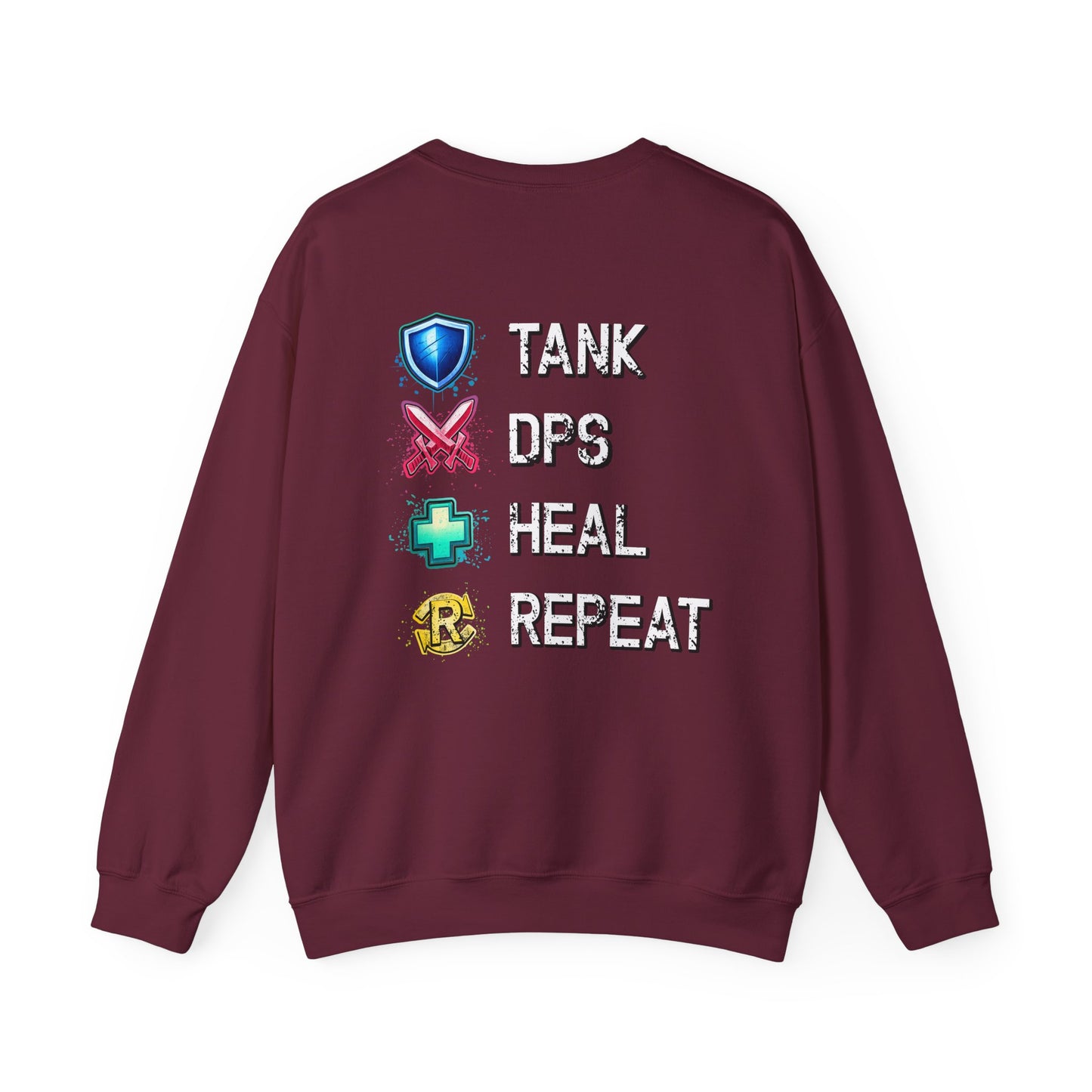 Tank DPS Heal Repeat Crewneck Sweatshirt | MMO RPG Gamer Pullover | Neon Gaming Sweatshirt