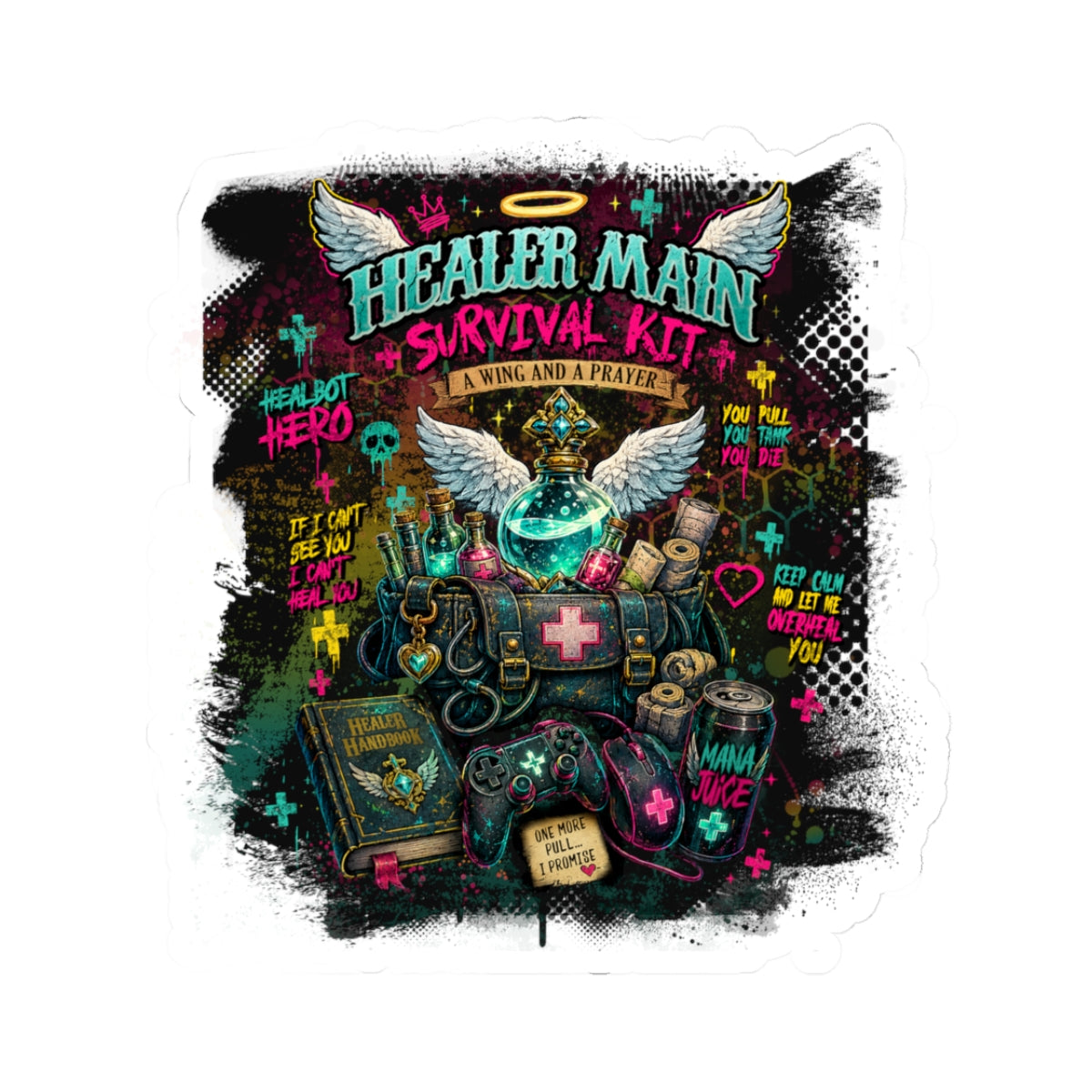 Healer Main Survival Kit | Retro Neon Gamer Vinyl Sticker