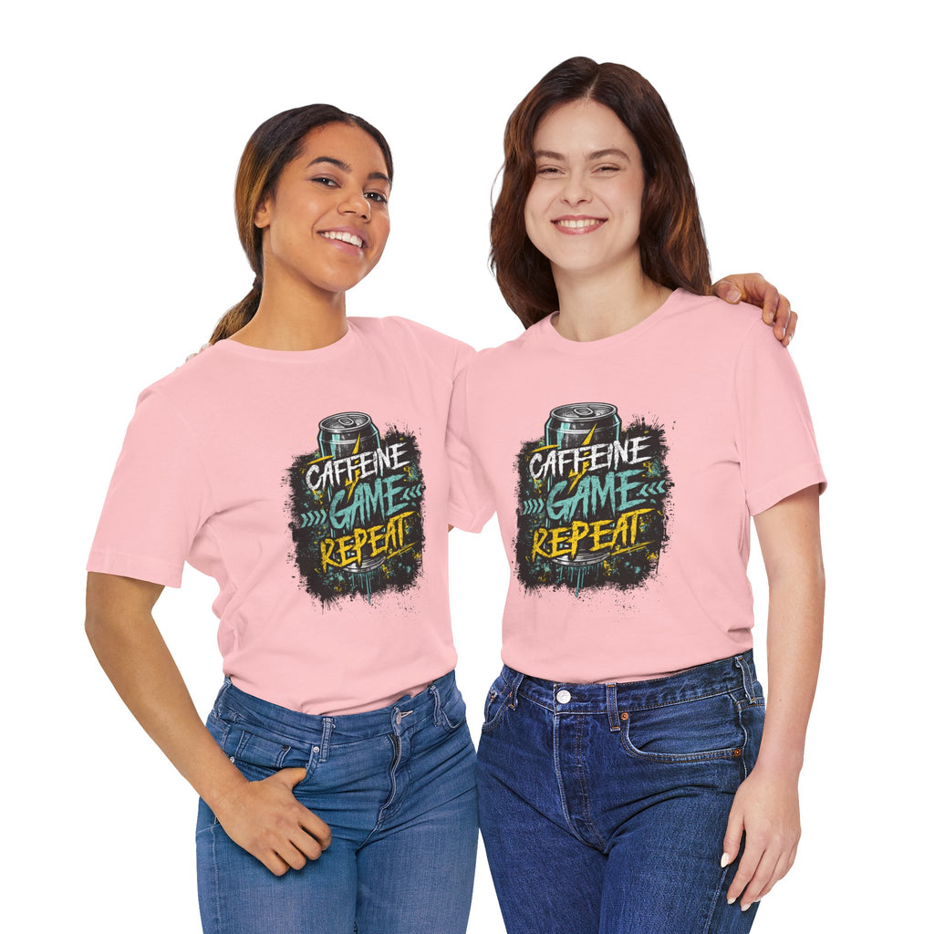 Caffeine Game Repeat T‑Shirt — Gamer Coffee Tee for Streamers & PC Players