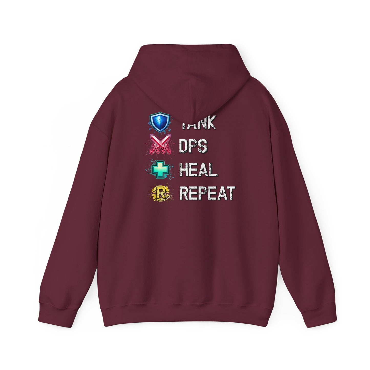 Tank DPS Heal Repeat Hoodie | MMO RPG Gamer Hoodie | Neon Graffiti Gaming Sweatshirt