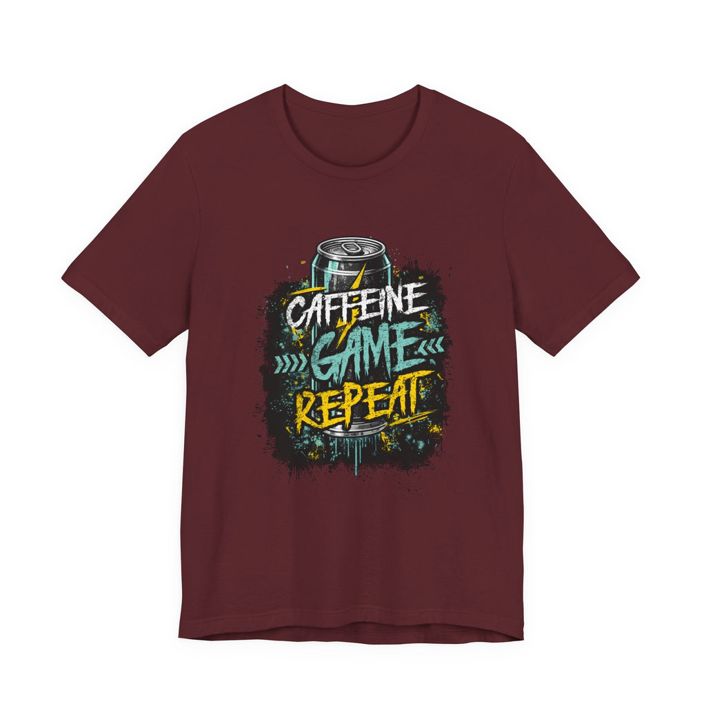 Caffeine Game Repeat T‑Shirt — Gamer Coffee Tee for Streamers & PC Players