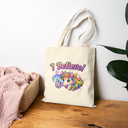 I Believe! Unicorn Cotton Tote Bag | Colorful Fantasy Book Lover Market Bag