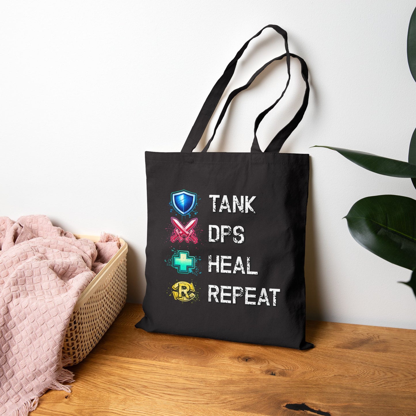 Tank DPS Heal Repeat Tote Bag | MMO RPG Gamer Canvas Bag | Raid Night Carryall