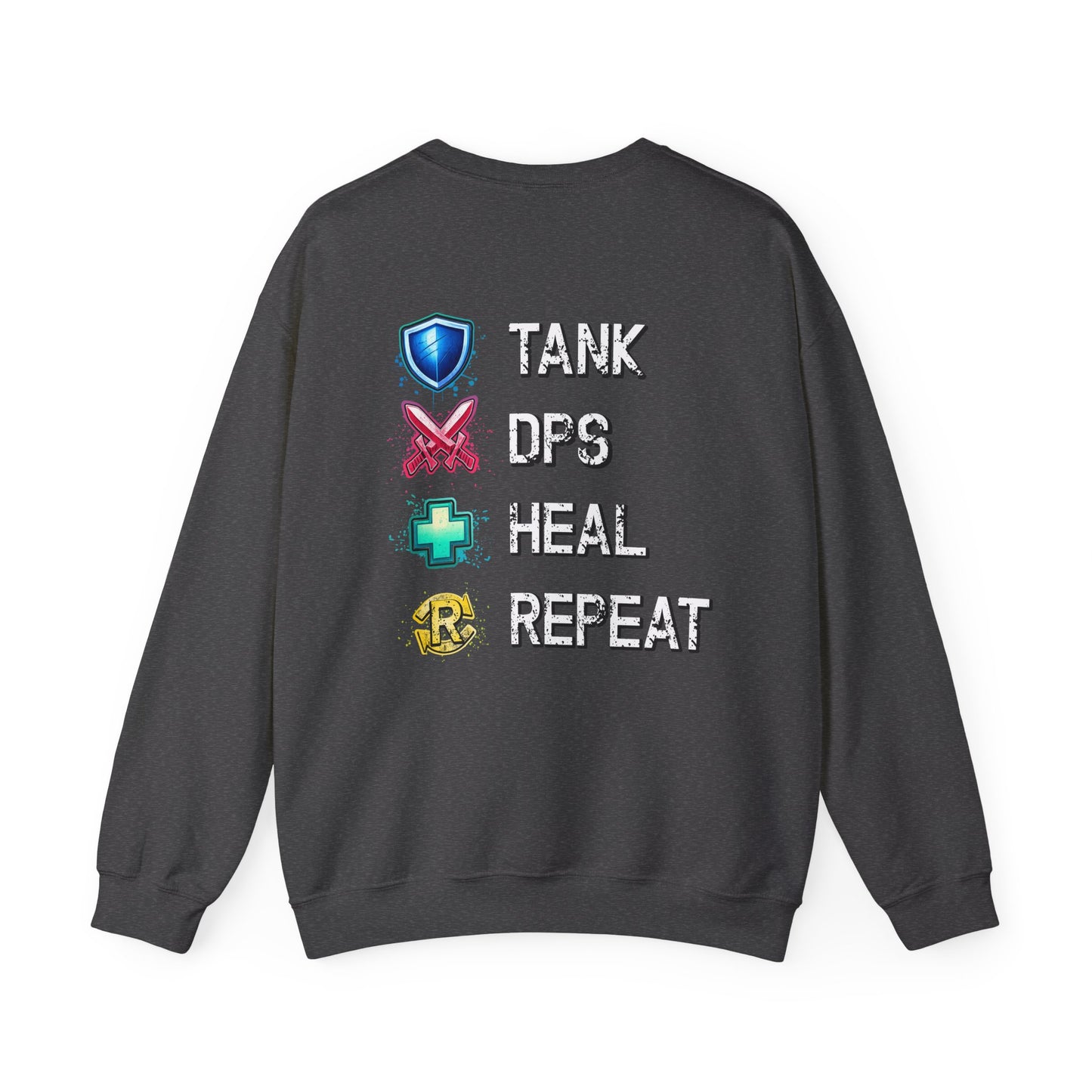Tank DPS Heal Repeat Crewneck Sweatshirt | MMO RPG Gamer Pullover | Neon Gaming Sweatshirt