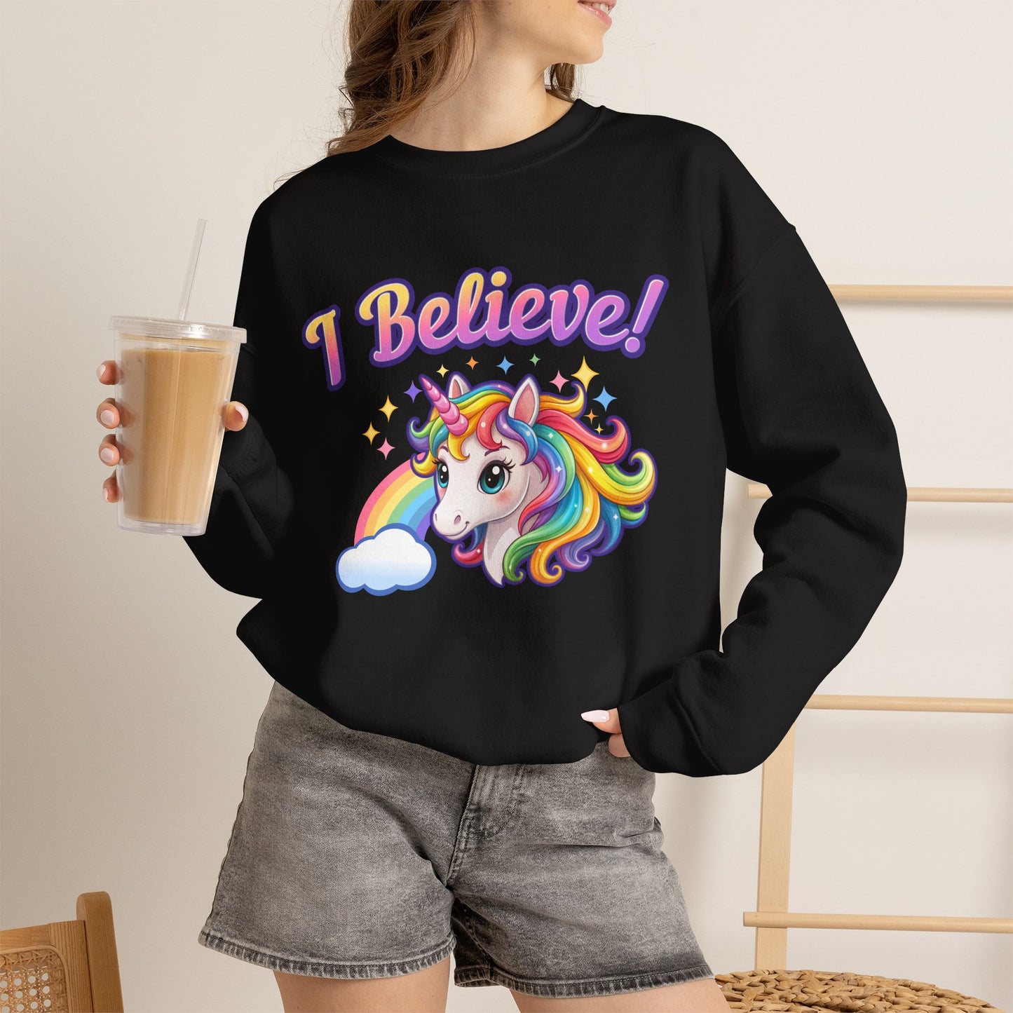 I Believe! Unicorn Crewneck Sweatshirt | Colorful Fantasy Mythical Creature Pullover