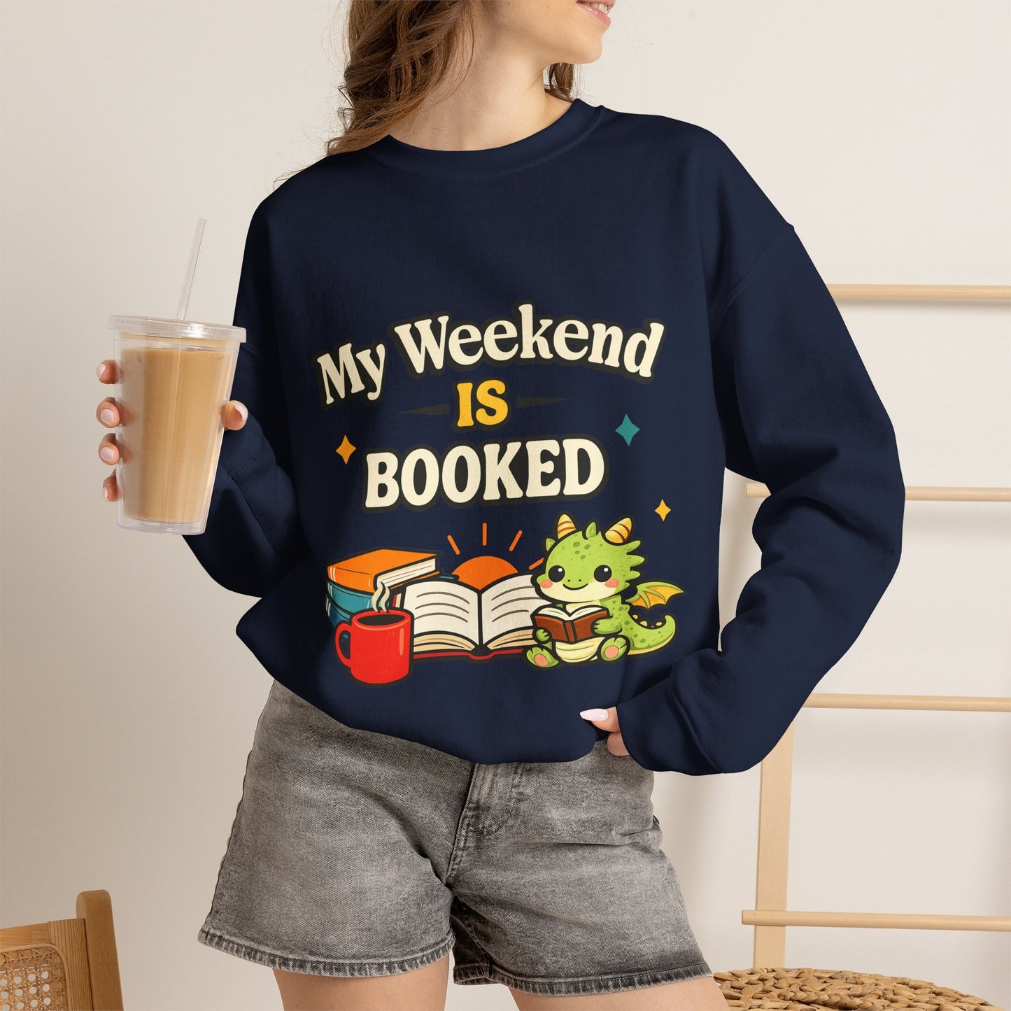 My Weekend Is Booked | Cute Book Dragon Cozy Crewneck Sweatshirt