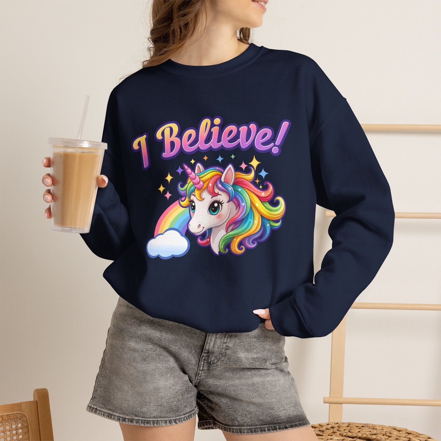 I Believe! Unicorn Crewneck Sweatshirt | Colorful Fantasy Mythical Creature Pullover