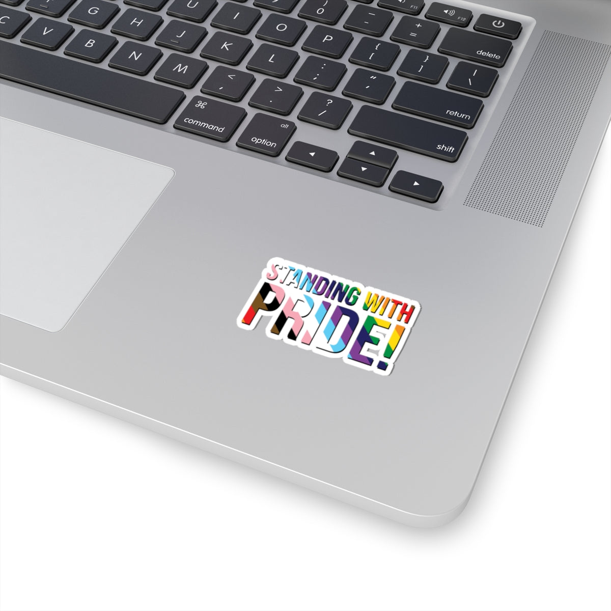 Standing With Pride! Sticker — LGBTQ+ Rainbow & Inclusive Flag Kiss-Cut Sticker