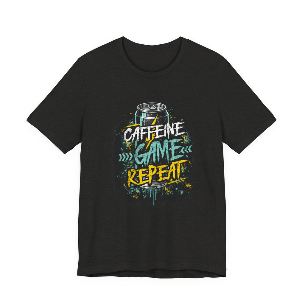 Caffeine Game Repeat T‑Shirt — Gamer Coffee Tee for Streamers & PC Players