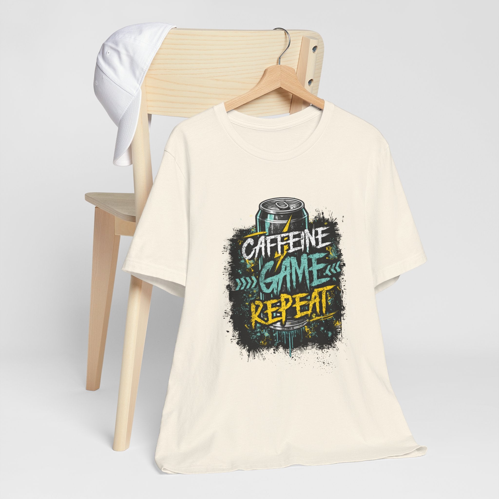 Caffeine Game Repeat T‑Shirt — Gamer Coffee Tee for Streamers & PC Players