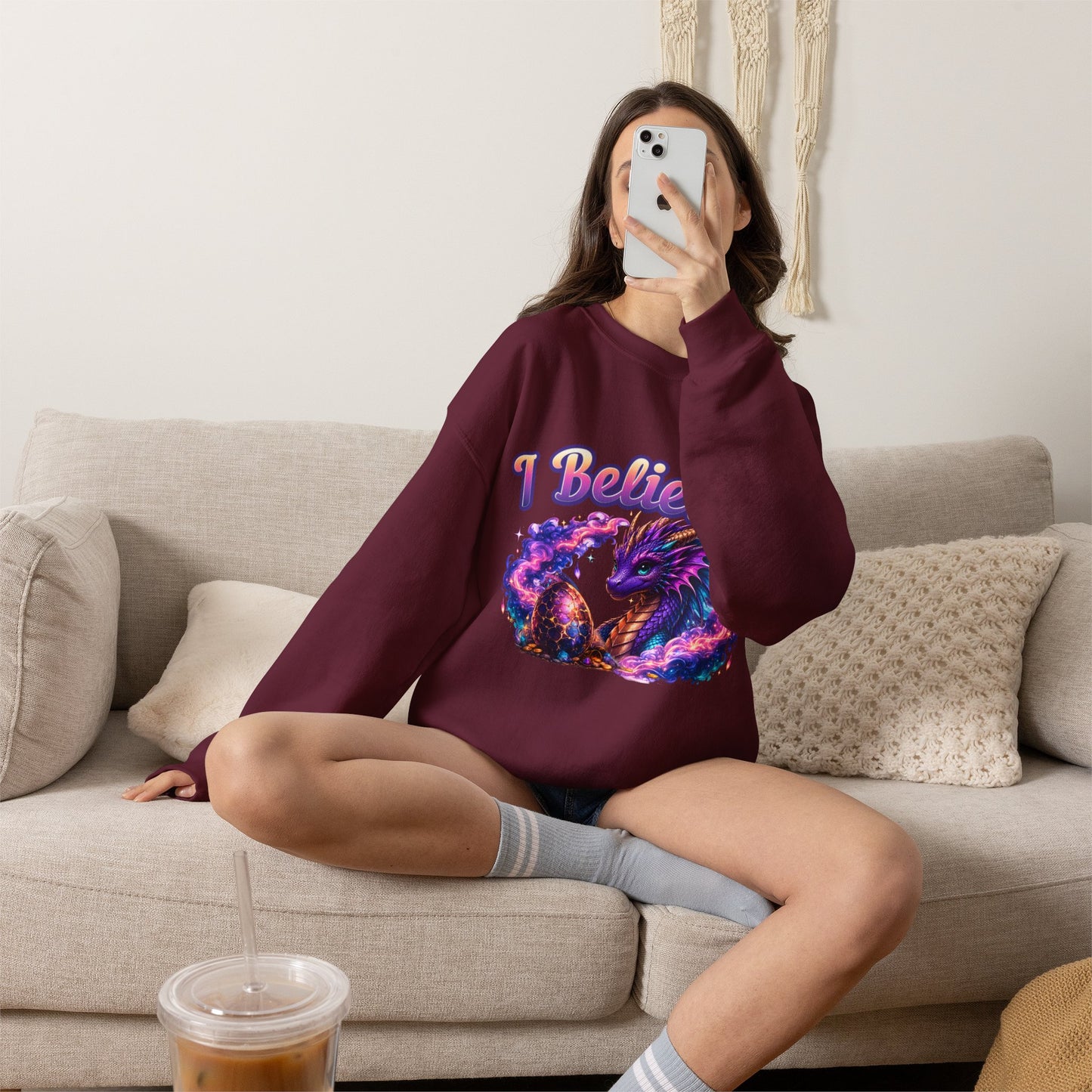 I Believe! Dragon Crewneck Sweatshirt | Magical Fantasy Dragon Egg Mythical Creature Pullover