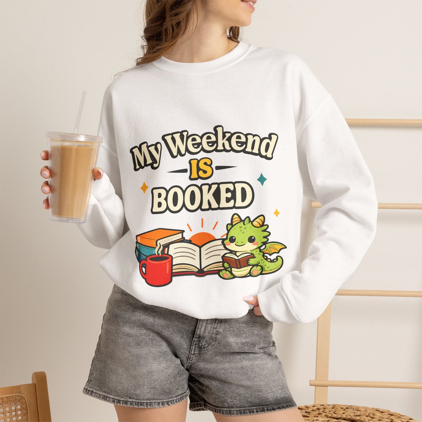 My Weekend Is Booked | Cute Book Dragon Cozy Crewneck Sweatshirt
