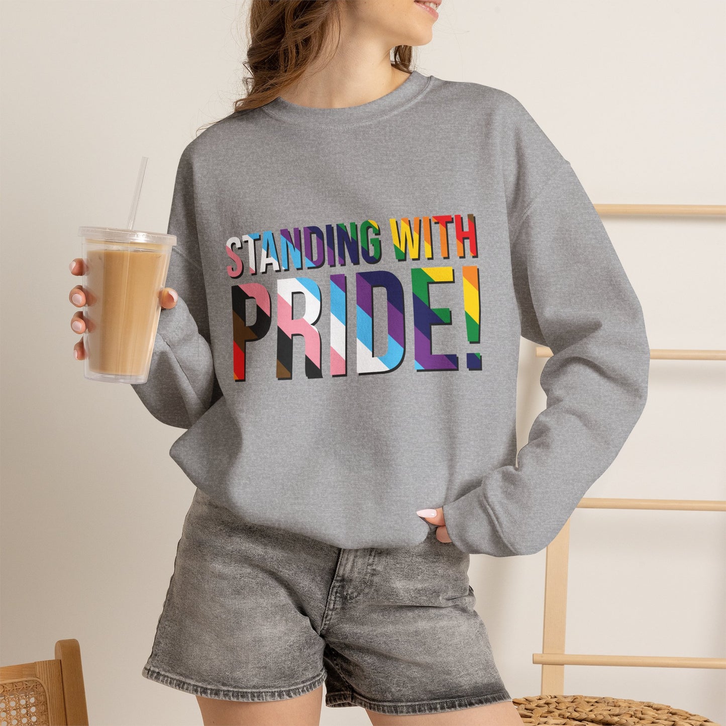 Crewneck Sweatshirt — "Standing With Pride!" Rainbow LGBTQ+ Support Crewneck