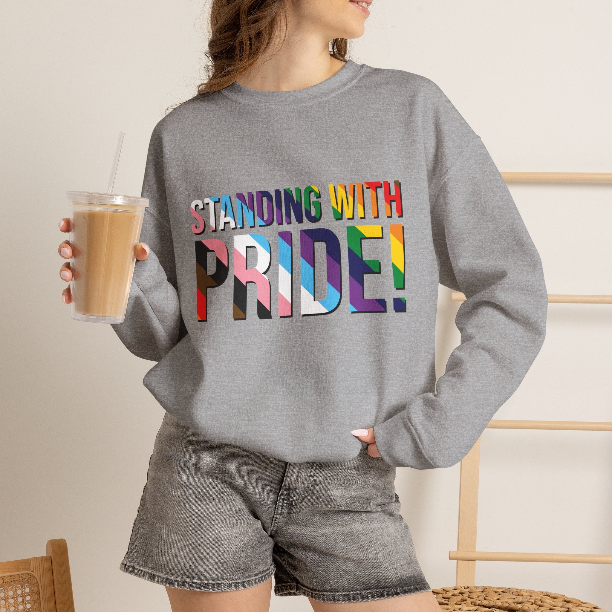 Crewneck Sweatshirt — "Standing With Pride!" Rainbow LGBTQ+ Support Crewneck