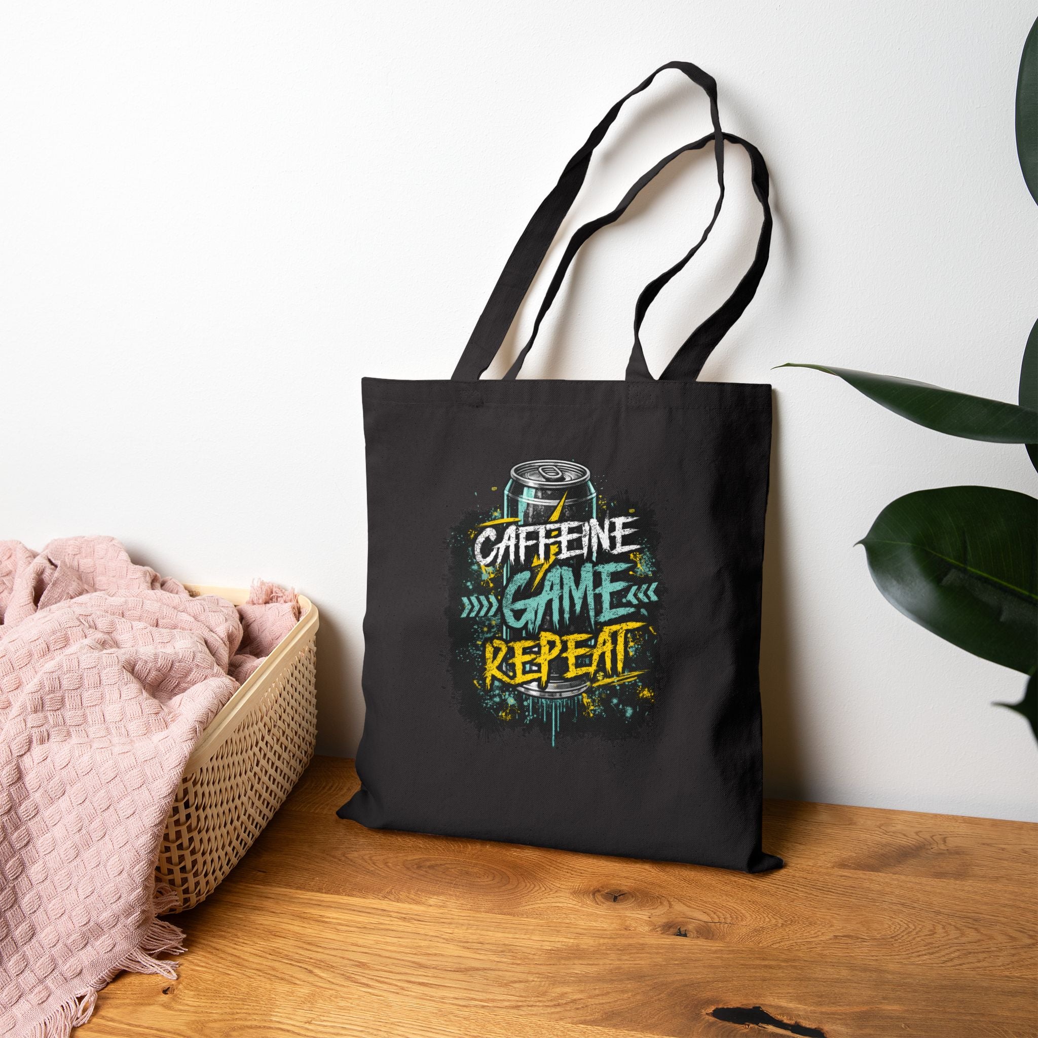 Tote Bag — "Caffeine Game Repeat" Canvas Grocery & Gamer Tote