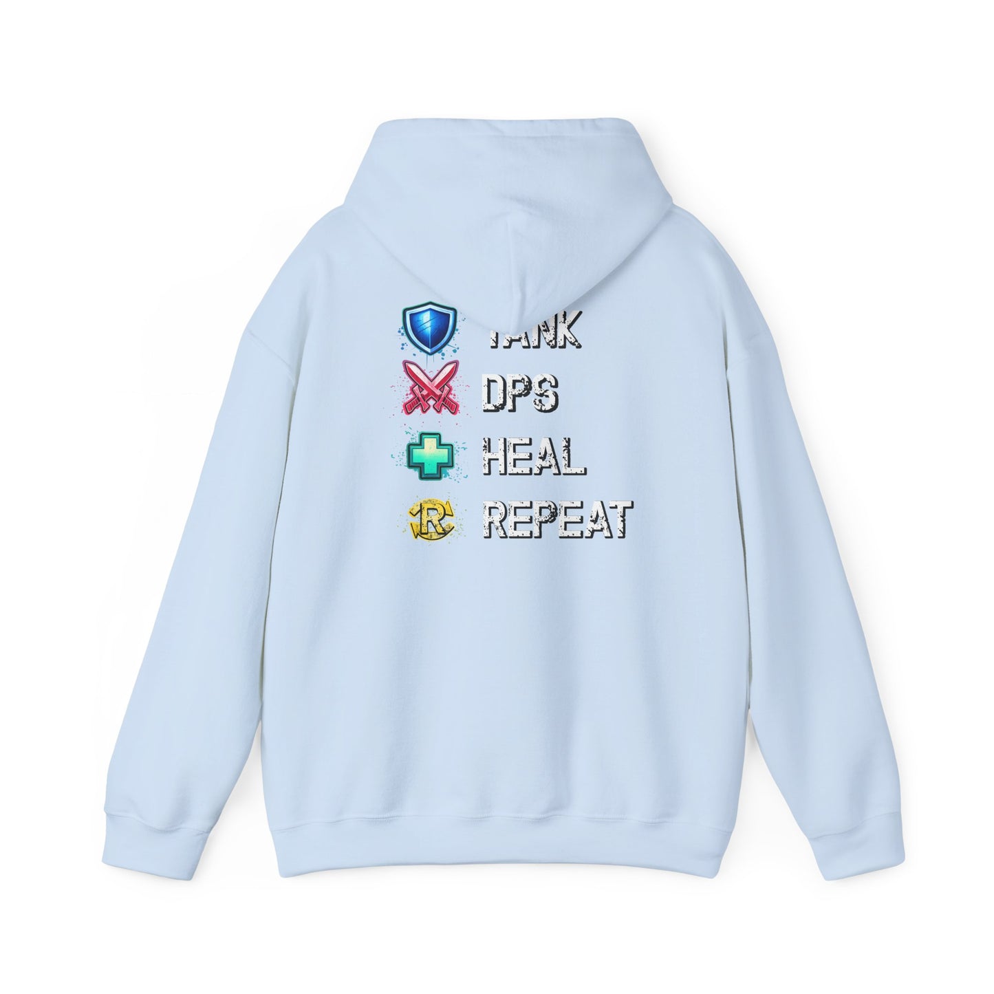 Tank DPS Heal Repeat Hoodie | MMO RPG Gamer Hoodie | Neon Graffiti Gaming Sweatshirt