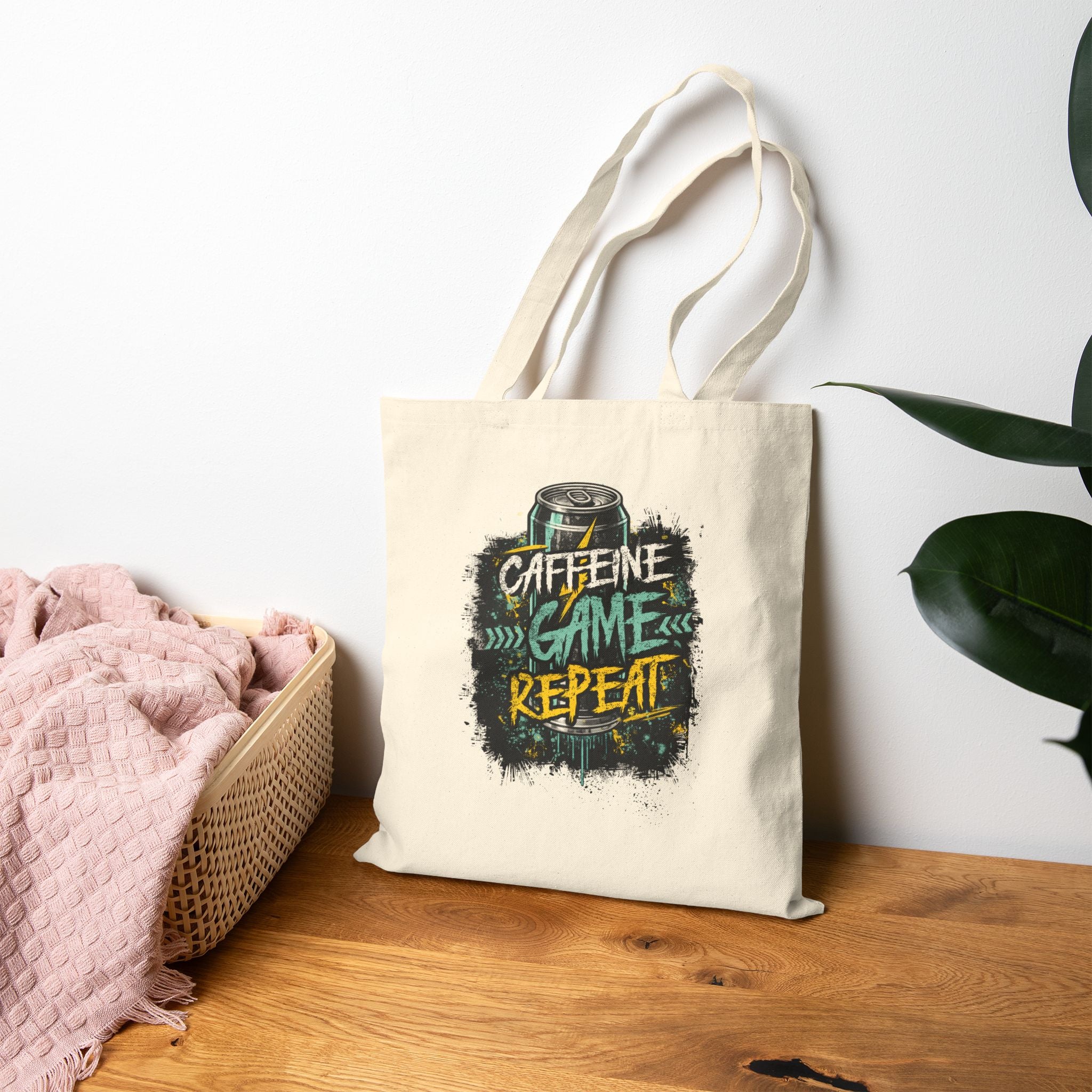 Tote Bag — "Caffeine Game Repeat" Canvas Grocery & Gamer Tote