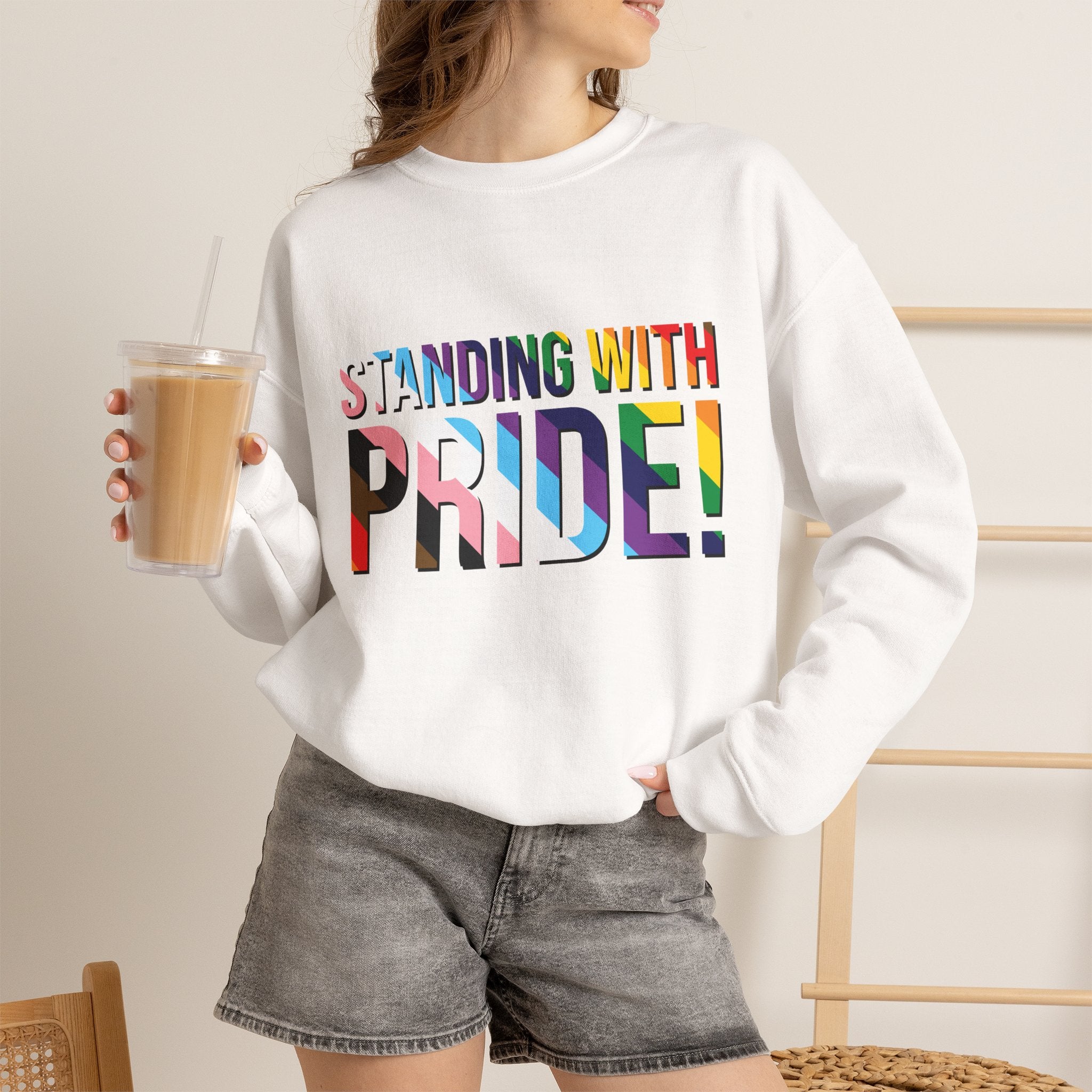 Crewneck Sweatshirt — "Standing With Pride!" Rainbow LGBTQ+ Support Crewneck