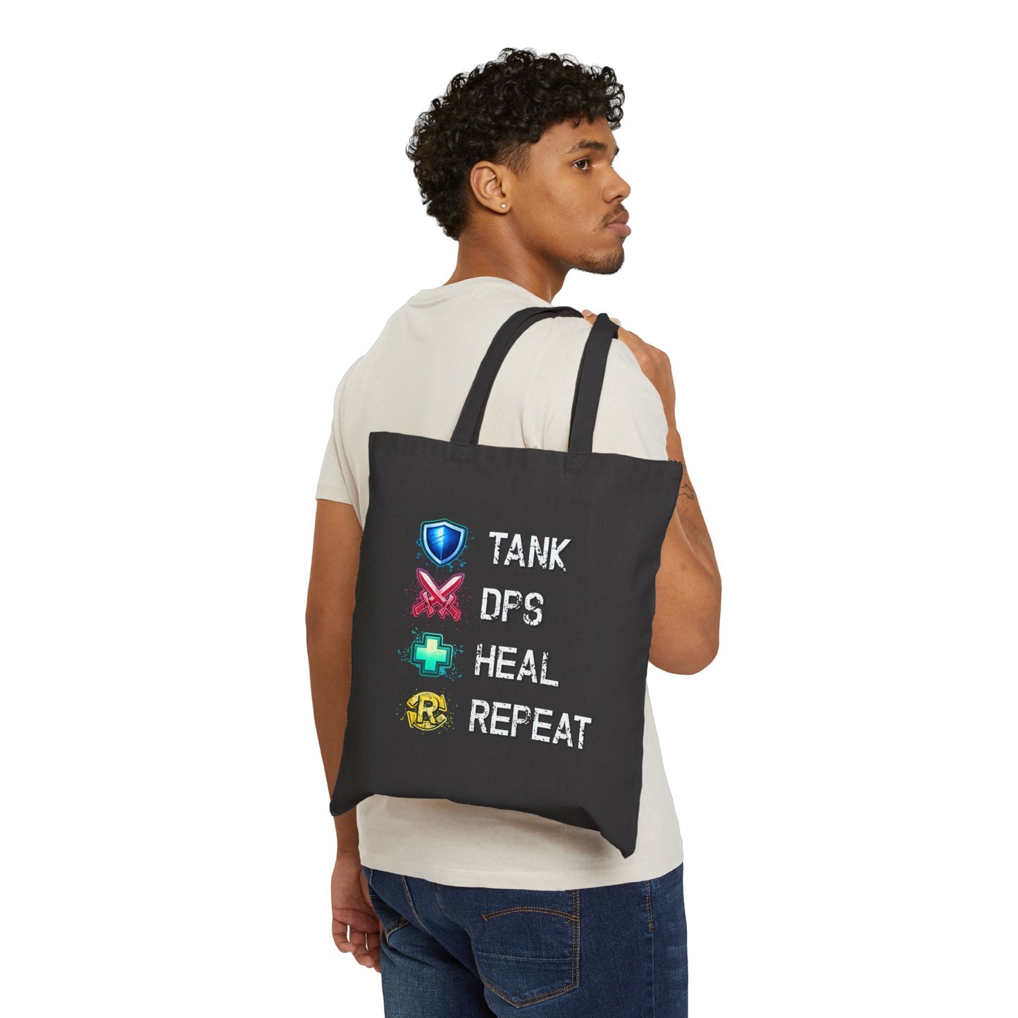 Tank DPS Heal Repeat Tote Bag | MMO RPG Gamer Canvas Bag | Raid Night Carryall