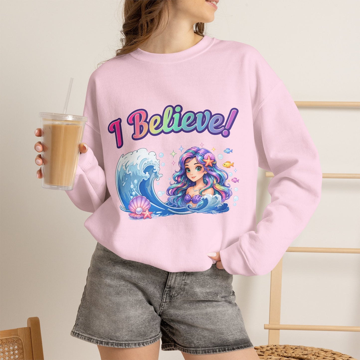 I Believe! Mermaid Crewneck Sweatshirt | Magical Ocean Fantasy Mythical Creature Pullover