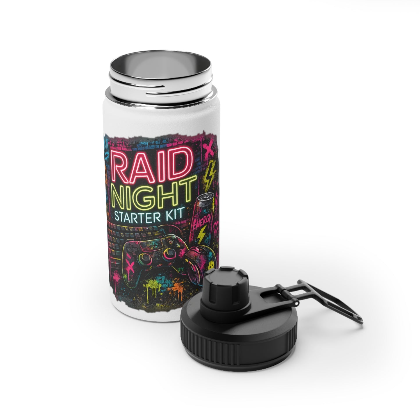 Raid Night Starter Kit Stainless Steel Water Bottle — Gamer Neon Sports Lid