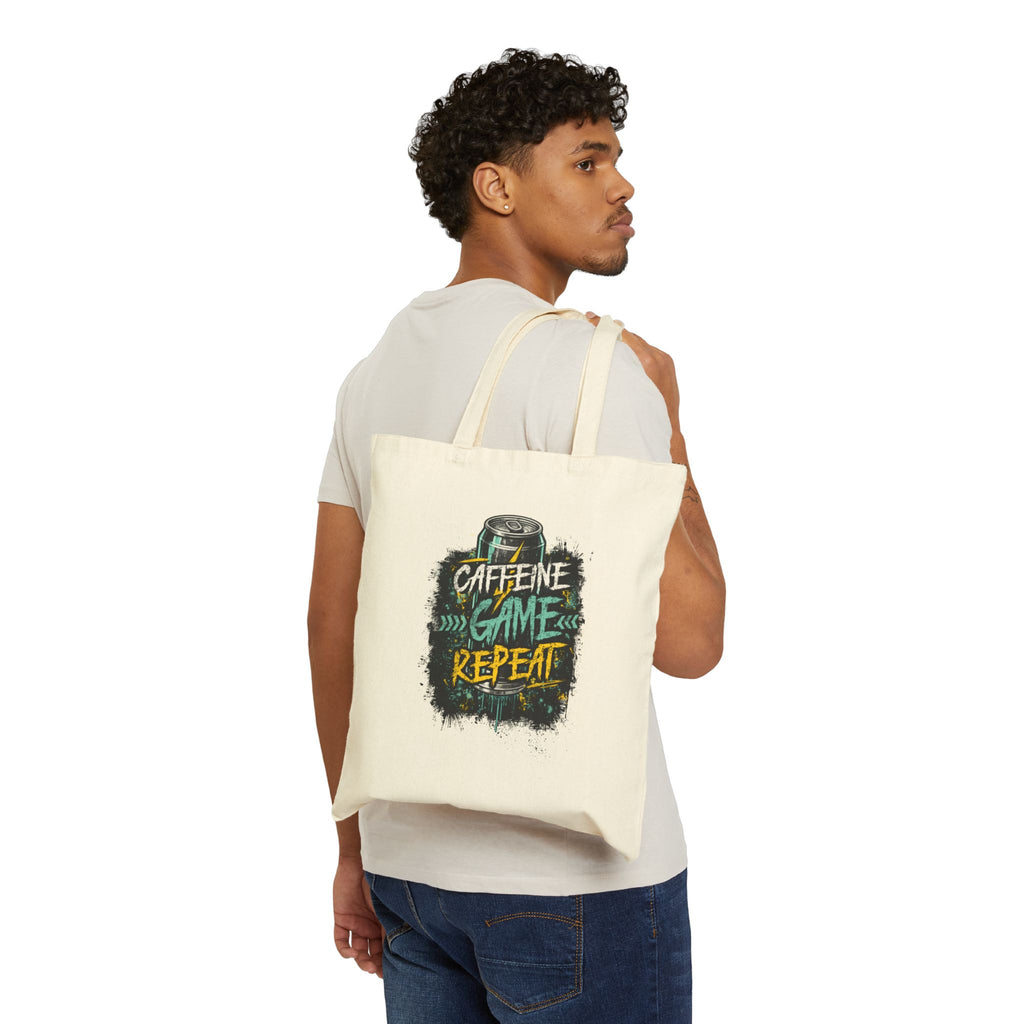 Tote Bag — "Caffeine Game Repeat" Canvas Grocery & Gamer Tote