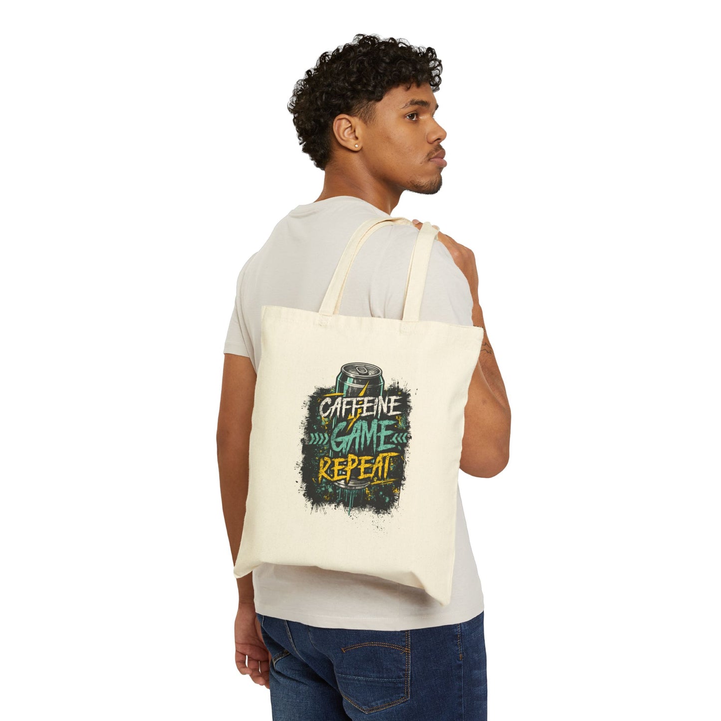 Tote Bag: "Caffeine Game Repeat" Canvas Grocery & Gamer Tote