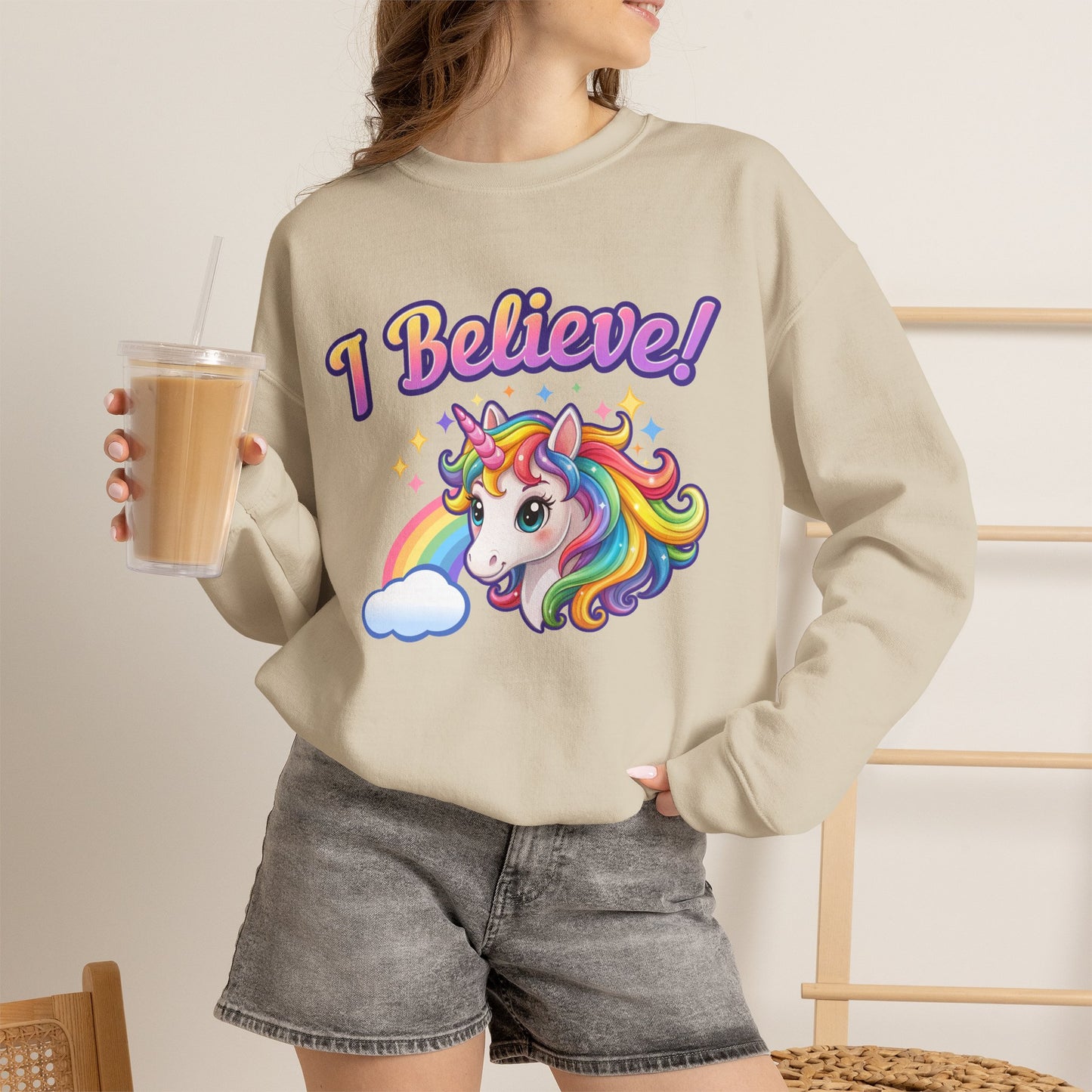 I Believe! Unicorn Crewneck Sweatshirt | Colorful Fantasy Mythical Creature Pullover
