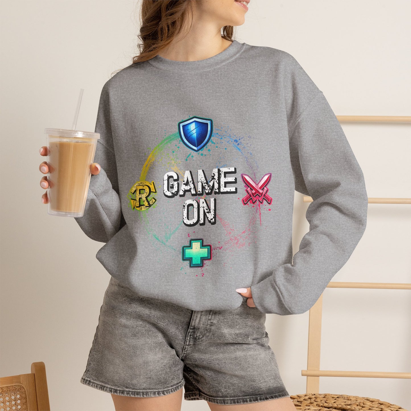 Tank DPS Heal Repeat Crewneck Sweatshirt | MMO RPG Gamer Pullover | Neon Gaming Sweatshirt