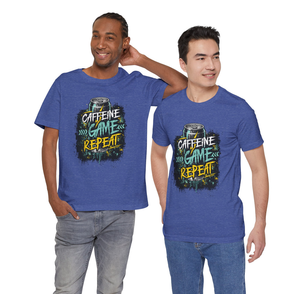 Caffeine Game Repeat T‑Shirt — Gamer Coffee Tee for Streamers & PC Players