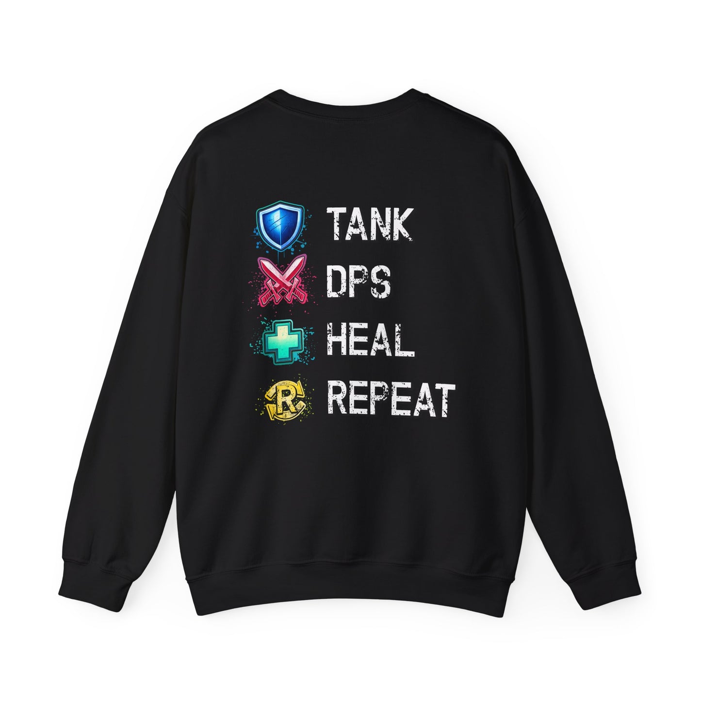 Tank DPS Heal Repeat Crewneck Sweatshirt | MMO RPG Gamer Pullover | Neon Gaming Sweatshirt