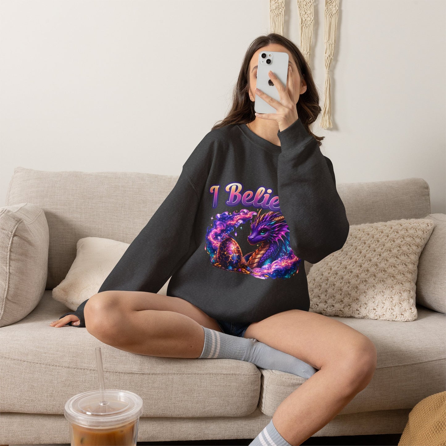 I Believe! Dragon Crewneck Sweatshirt | Magical Fantasy Dragon Egg Mythical Creature Pullover