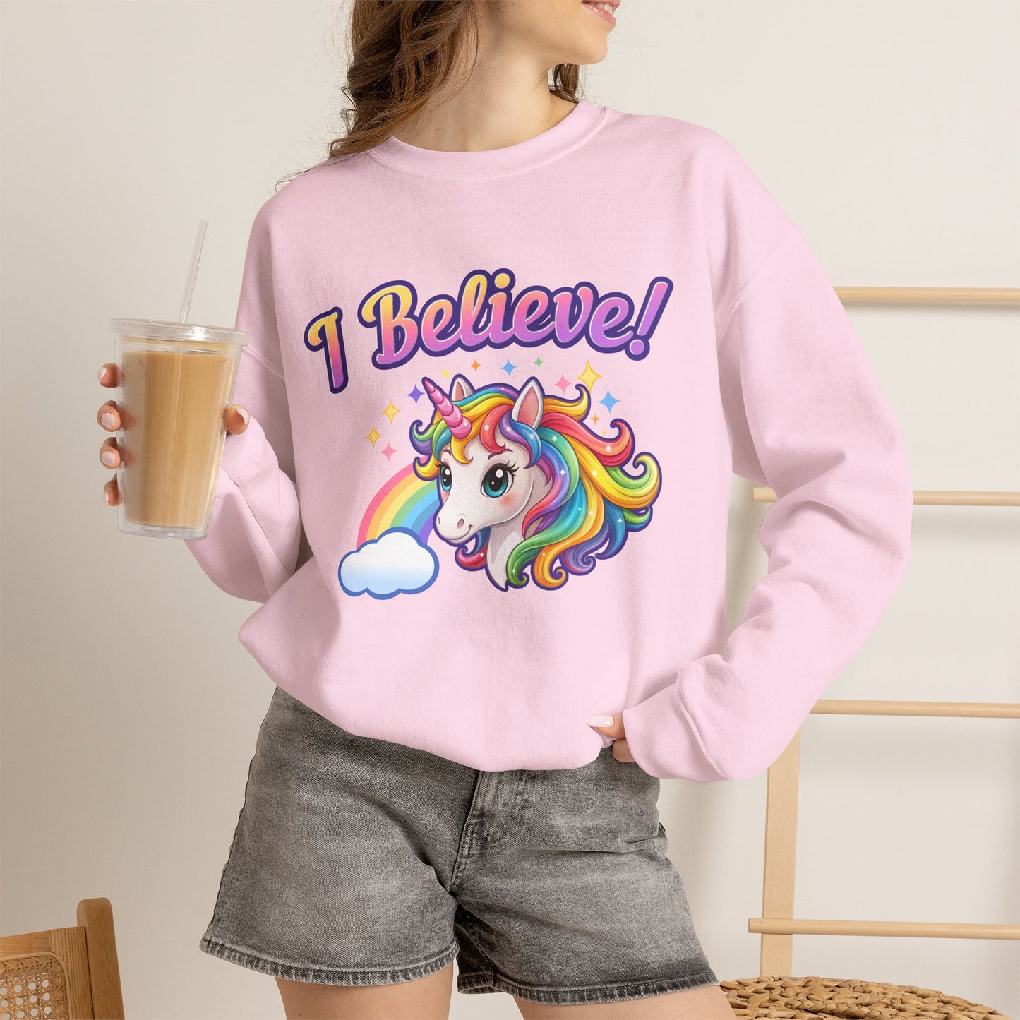 I Believe! Unicorn Crewneck Sweatshirt | Colorful Fantasy Mythical Creature Pullover