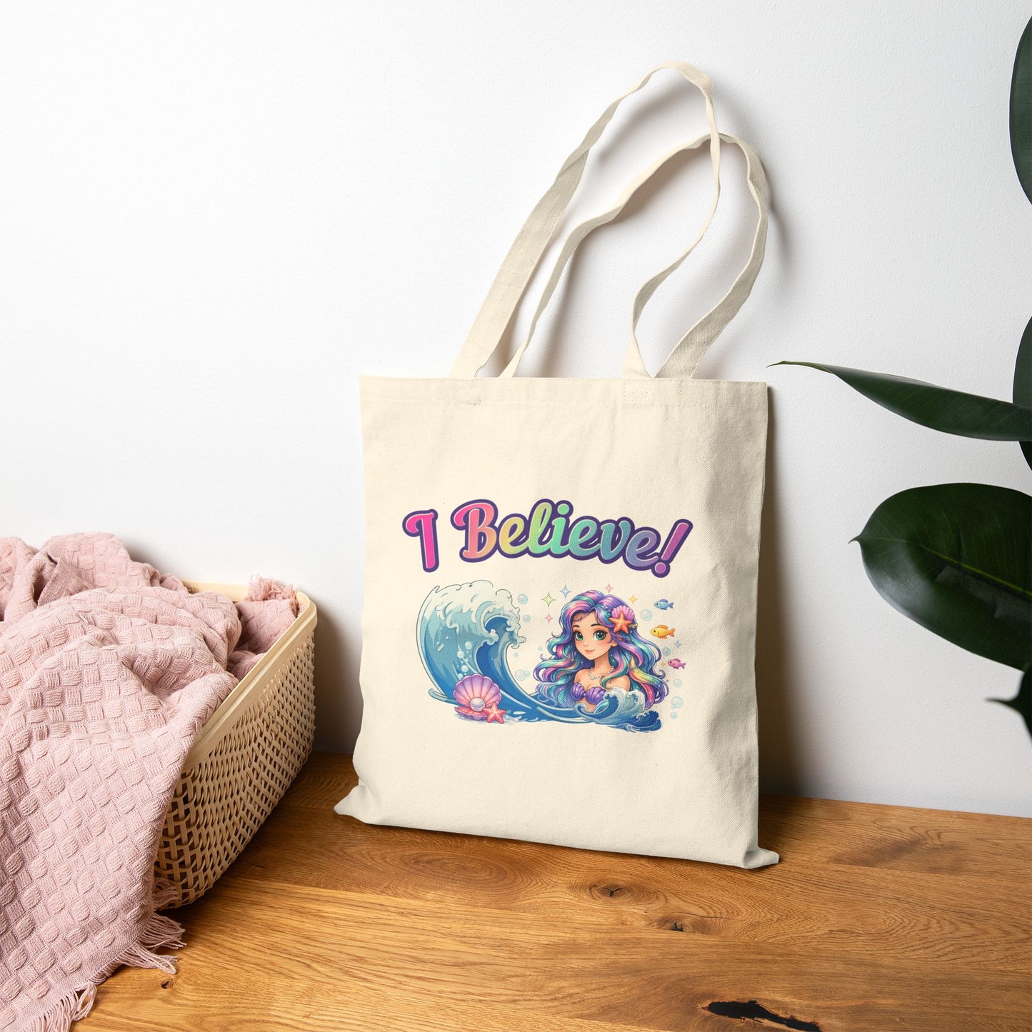 I Believe! Mermaid Cotton Tote Bag | Magical Ocean Fantasy Book Lover Tote