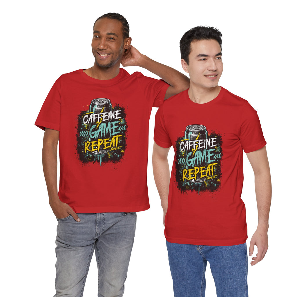 Caffeine Game Repeat T‑Shirt — Gamer Coffee Tee for Streamers & PC Players
